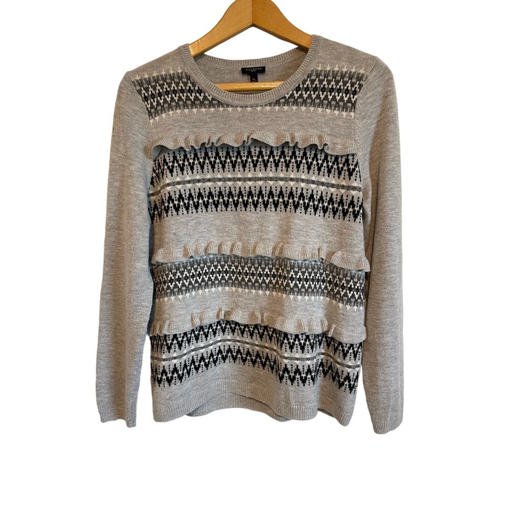 Talbots gray ruffled pullover sweater wool neutral whimsy fair isle warm Lp